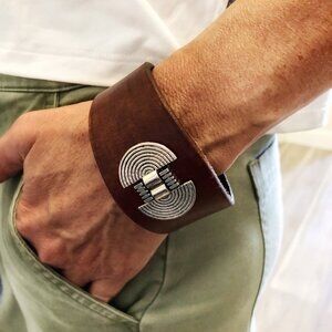 MishaGirl Handmade Leather Cuff Bracelet, Adjustable, Metal Beads